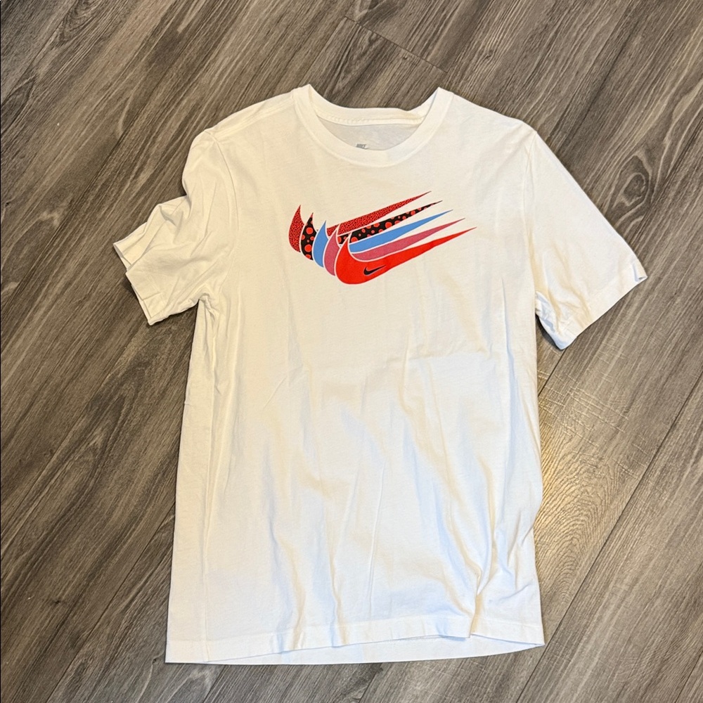 Nike White Tee with Red and Blue Swoosh Design